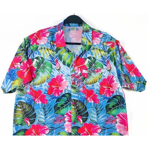 Happy Bay Hawaiian Shirt Men's Medium Button Up Blue Green Red - Picture 3 of 12
